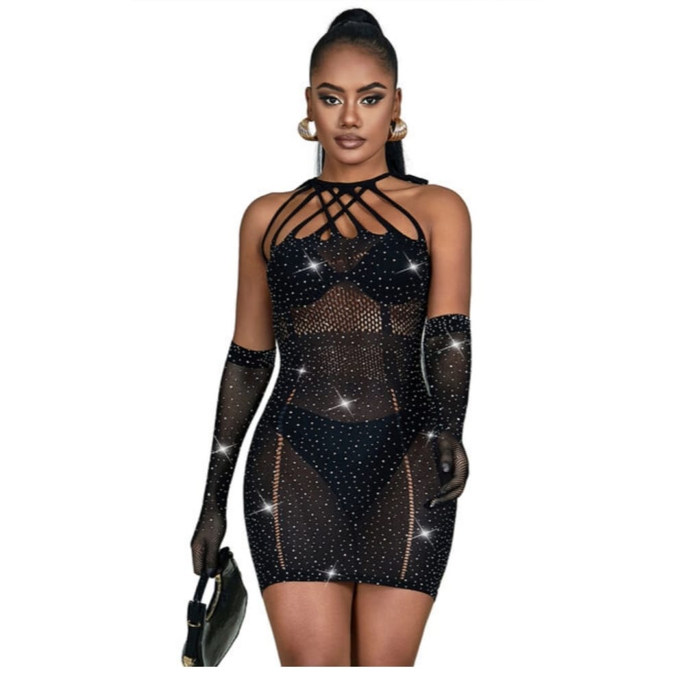 Vestido de rejilla con brillantes negro - Subblime